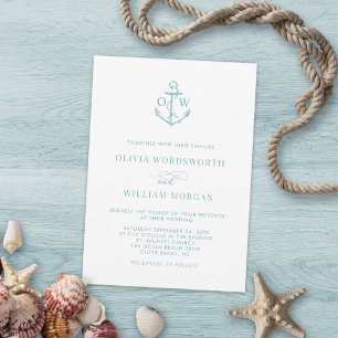 Invitación Boda Monograma de Anclaje Náutico Azul de Vidrio M