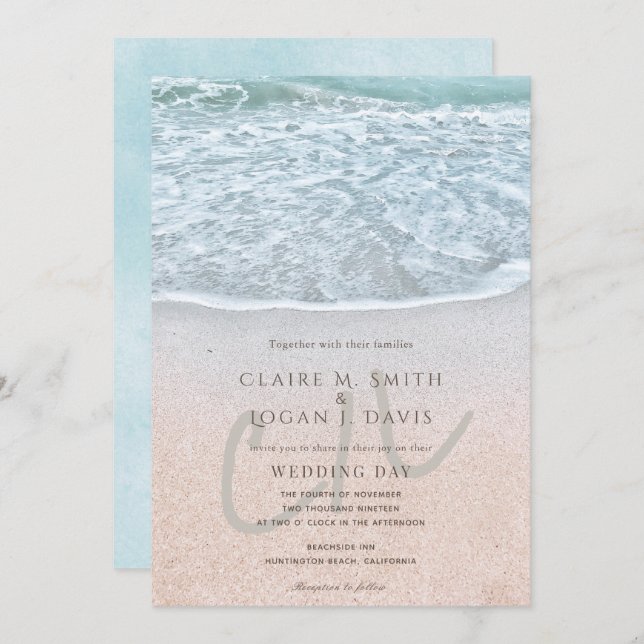 Invitación Boda Monograma de Blue Ocean and Sandy Beach (Anverso / Reverso)