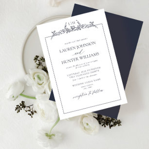 Invitación Boda Monograma de borde floral azul de la marina