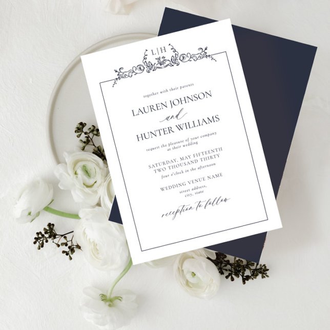 Invitación Boda Monograma de borde floral azul de la marina (Subido por el creador)