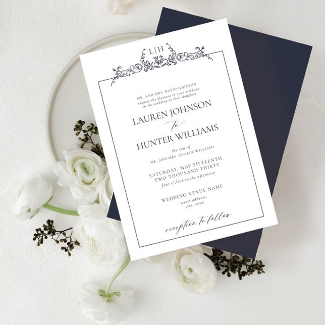 Invitación Boda Monograma de borde floral azul de la Marina f (Subido por el creador)