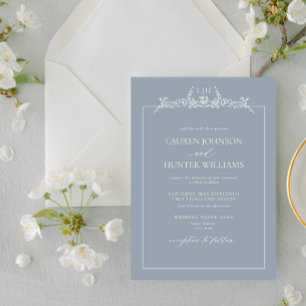 Invitación Boda monograma de borde floral azul turbio