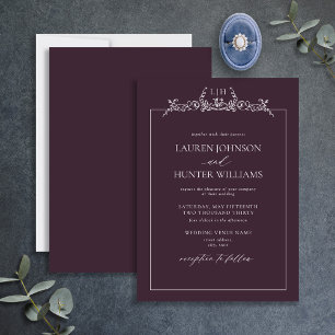 Invitación Boda monograma de borde floral púrpura de plumas