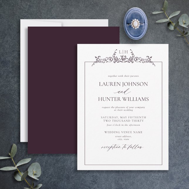Invitación Boda monograma de borde floral púrpura de plumas (Subido por el creador)