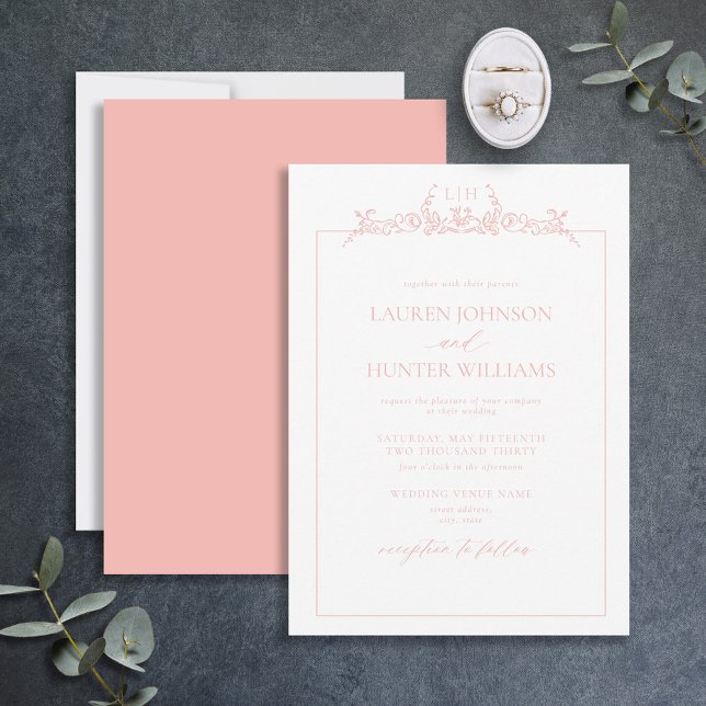 Invitación Boda monograma de borde floral rosa Rubor (Subido por el creador)