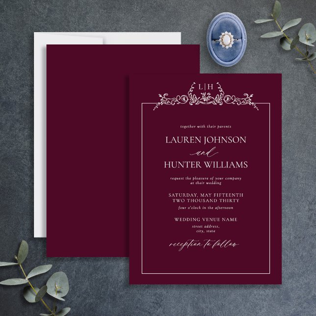 Invitación Boda Monograma de Borgoña Floral Border (Subido por el creador)