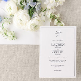 Invitación Boda Monograma de caligrafía azul de la marina clá