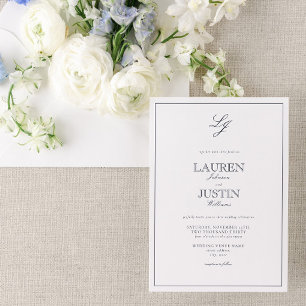 Invitación Boda Monograma de caligrafía azul de la marina clá