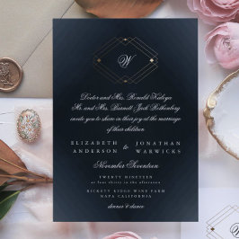 Invitación Boda Monograma de caligrafía azul de la marina clá