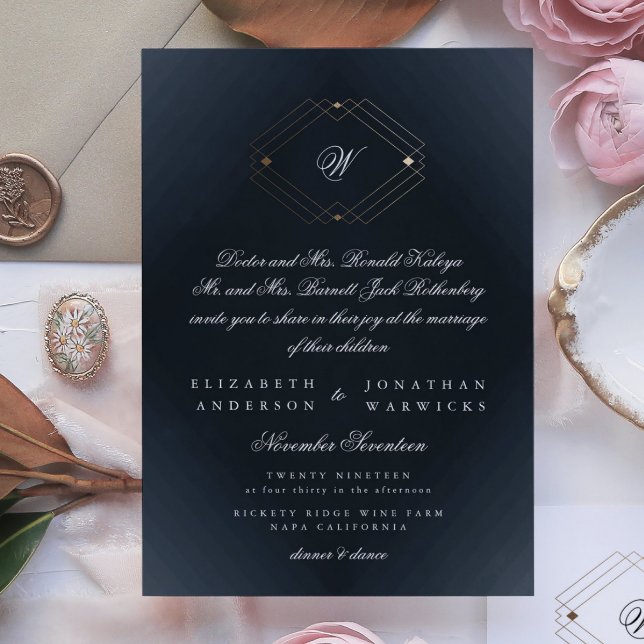 Invitación Boda Monograma de caligrafía azul de la marina clá (Subido por el creador)