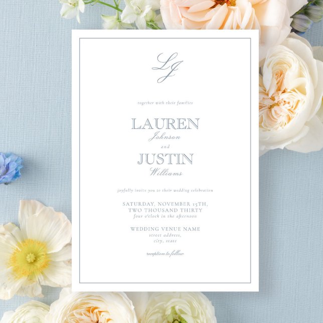 Invitación Boda monograma de caligrafía azul turbia clásica (Subido por el creador)