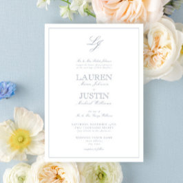 Invitación Boda monograma de caligrafía azul turbia clásica
