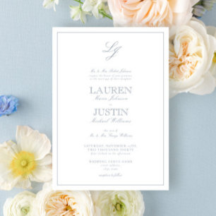 Invitación Boda monograma de caligrafía azul turbia clásica