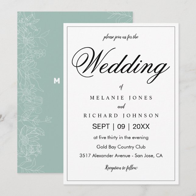 Invitación Boda monograma de caligrafía de Moda simple elegan (Anverso / Reverso)