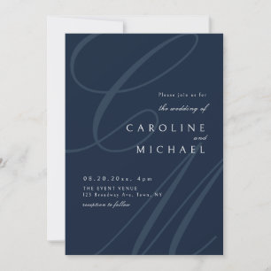 Invitación Boda monograma de caligrafía Navy Classic Elegance