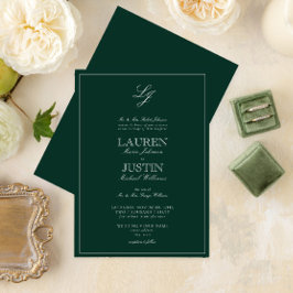 Invitación Boda monograma de caligrafía verde esmeralda clási