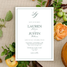 Invitación Boda monograma de caligrafía verde esmeralda clási