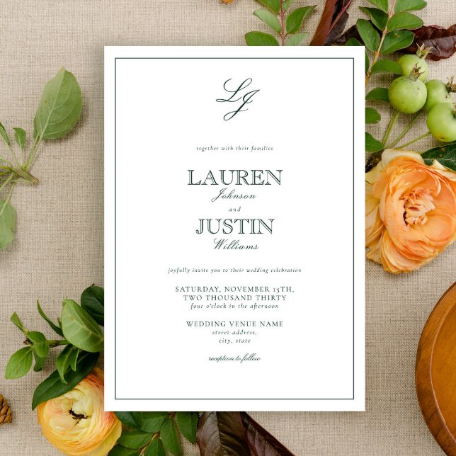 Invitación Boda monograma de caligrafía verde esmeralda clási (Subido por el creador)