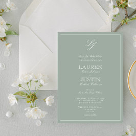 Invitación Boda Monograma de caligrafía verde sabio clásico