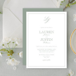 Invitación Boda Monograma de caligrafía verde sabio clásico