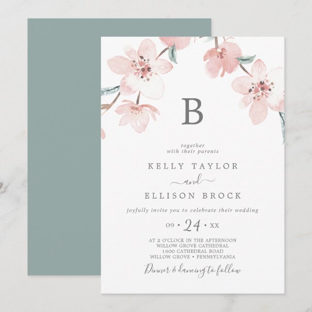 Invitación Boda Monograma de cerezo de primavera (Anverso / Reverso)