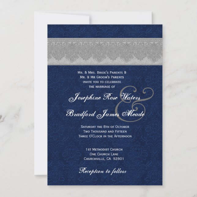 Invitación Boda monograma de cinta adhesiva Silver y Navy (Anverso)