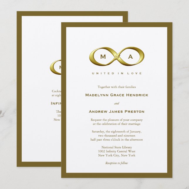 Invitación Boda Monograma de Cláusulas de Mano Infinito Dorad (Anverso / Reverso)