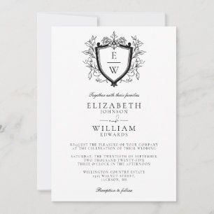 Invitación Boda Monograma de Cresta en Blanco y Negro Todo en