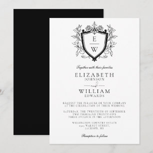 Invitación Boda Monograma de Cresta Floral en Blanco y Negro