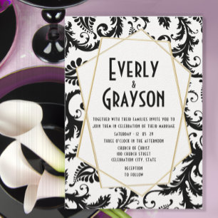 Invitación Boda Monograma de Damasco Blanco y Negro