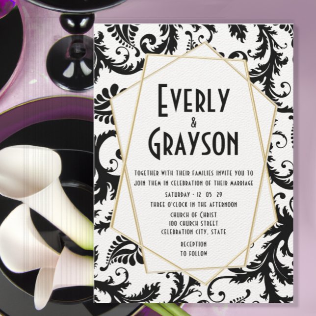 Invitación Boda Monograma de Damasco Blanco y Negro (Subido por el creador)