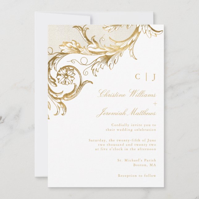 Invitación Boda Monograma de Damasco Floral de Oro Blanco Vin (Anverso)
