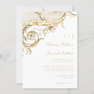 Invitación Boda Monograma de Damasco Floral de Oro Blanco Vin