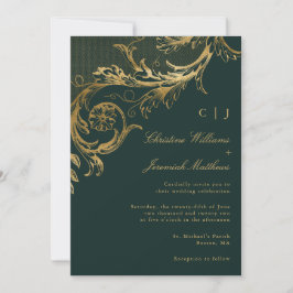 Invitación Boda Monograma de Damasco Floral de Oro Verde Vint