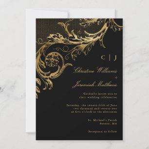 Invitación Boda Monograma de Damasco Floral de Oro Vintage