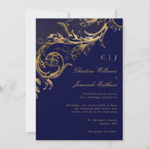 Invitación Boda Monograma de Damasco Floral Vintage Blue Gold