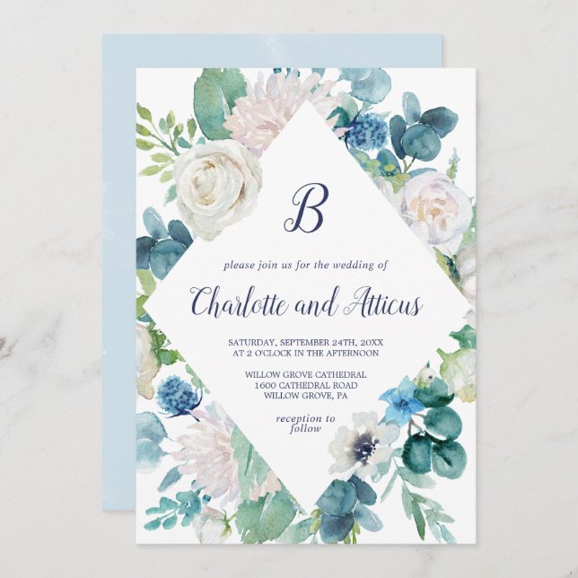 Invitación Boda Monograma de diamantes de flores blancas clás (Anverso / Reverso)
