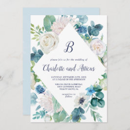 Invitación Boda Monograma de diamantes de flores blancas clás