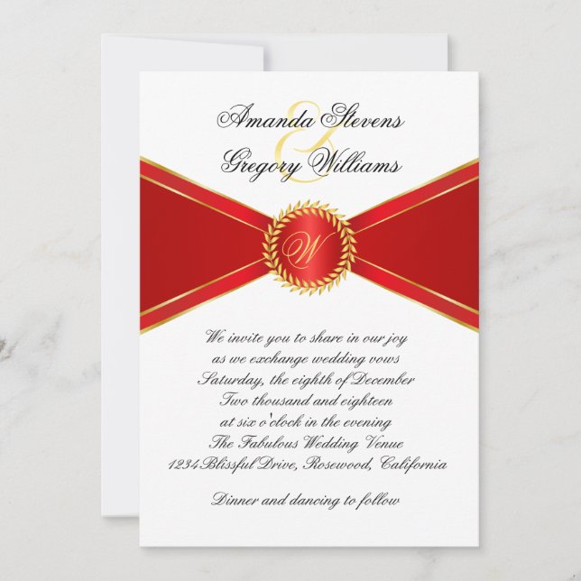 Invitación Boda monograma de elegancia roja (Anverso)