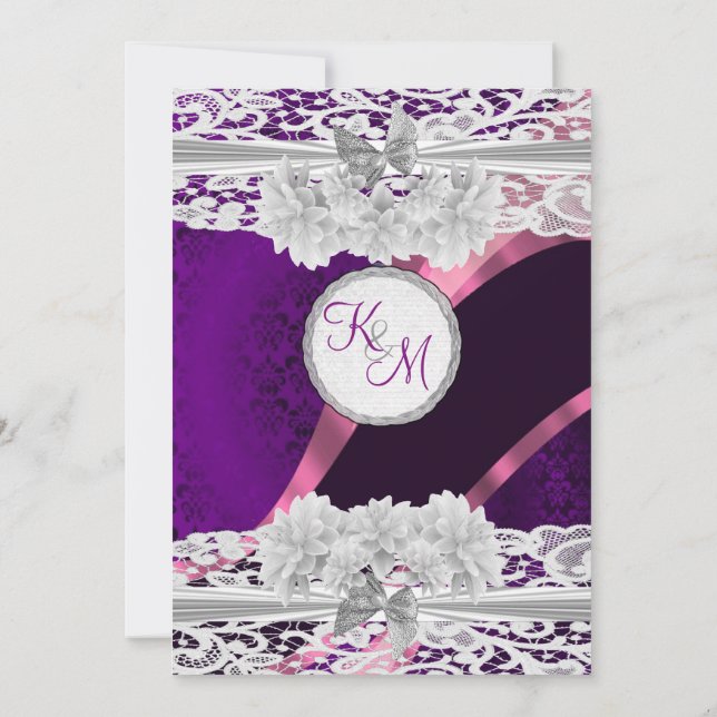 Invitación Boda monograma de encaje blanco morado damasco (Reverso)