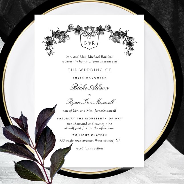 Invitación Boda Monograma de Encanto Formal Blanco y Negro (Subido por el creador)