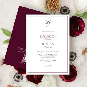 Invitación Boda Monograma de escritura de escritura de Borgoñ