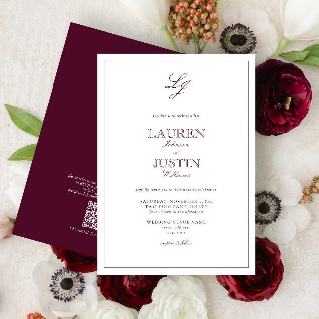 Invitación Boda Monograma de escritura de escritura de Borgoñ (Subido por el creador)