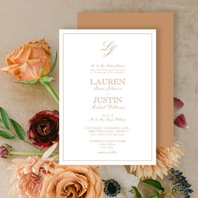 Invitación Boda monograma de escritura de terracota clásica (Subido por el creador)