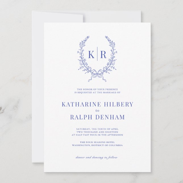 Invitación Boda monograma de Escudo azul botánico y cinta de  (Anverso)