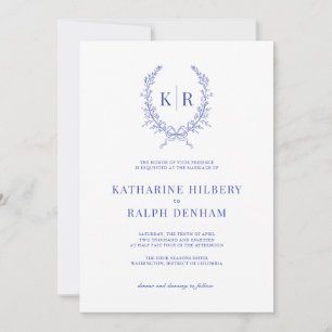 Invitación Boda monograma de Escudo azul botánico y cinta de 