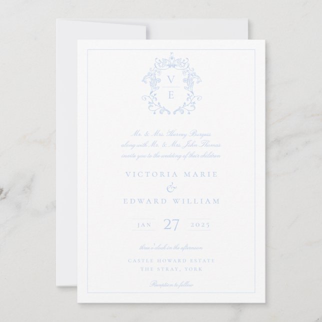 Invitación Boda monograma de Escudo azul cielo (Anverso)