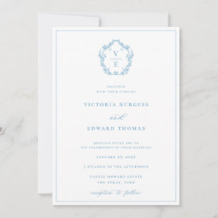 Invitación Boda Monograma de Escudo azul claro vintage