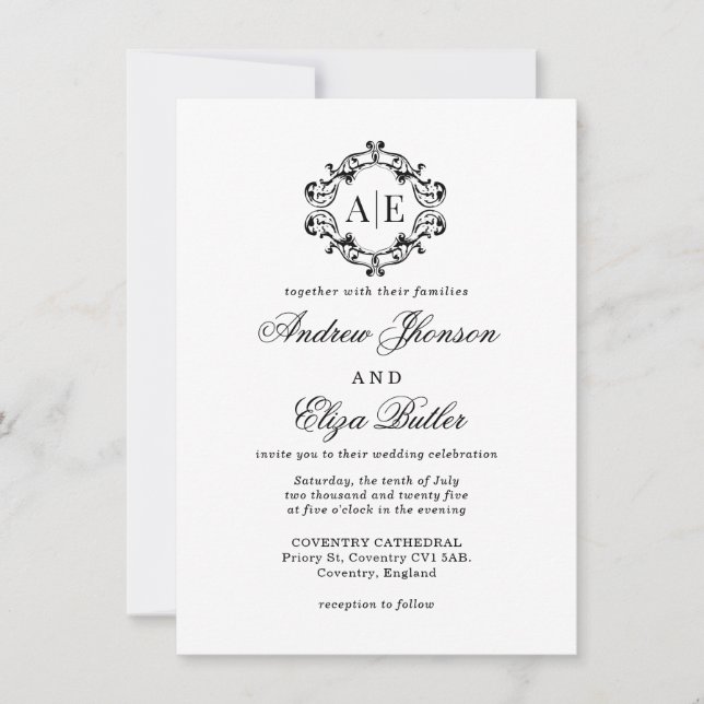 Invitación Boda Monograma de Escudo blanco y negro antiguo (Anverso)