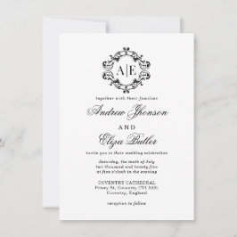 Invitación Boda Monograma de Escudo blanco y negro antiguo